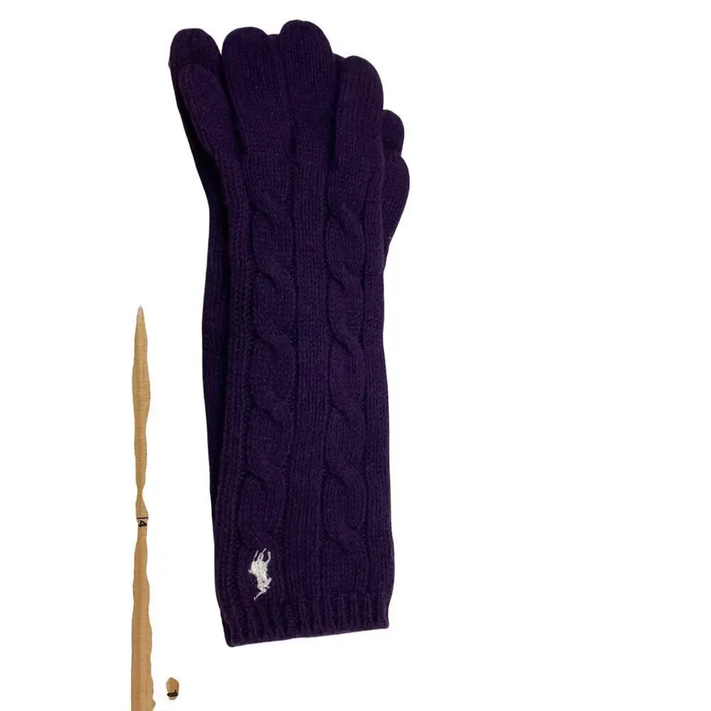 Ralph Lauren Women Gloves One Size Pony Logo Cable Knit Purple Cozy Wool Blend